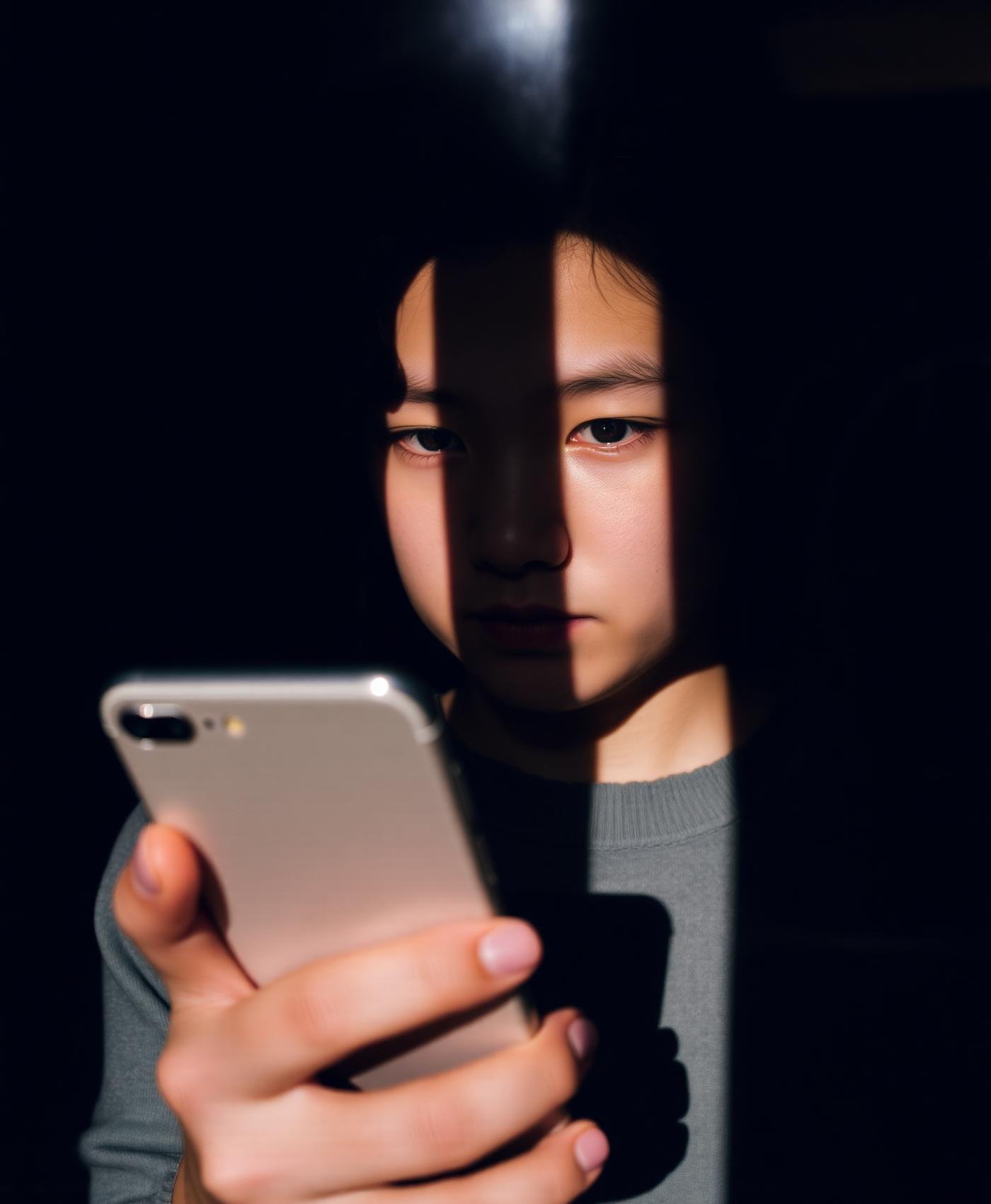 Close-up of a student in shadow holding a phone