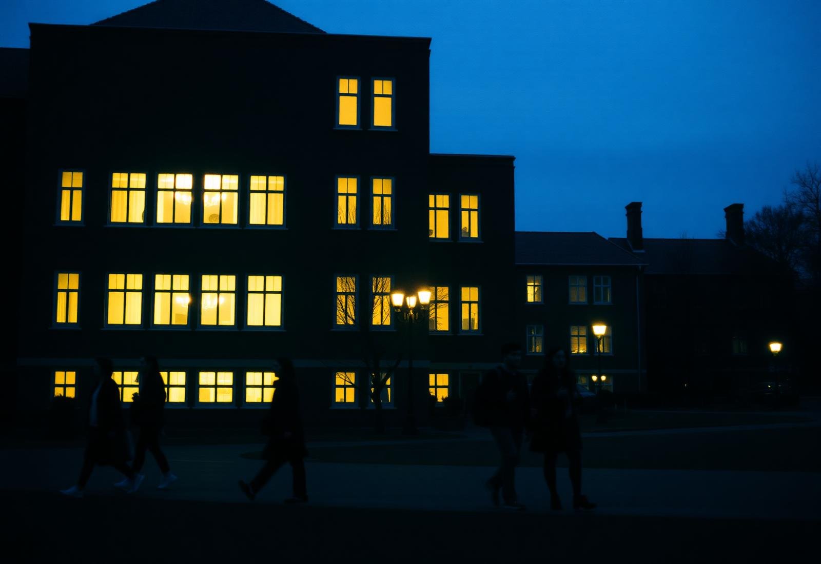 A campus building lit up at dusk with students walking past
