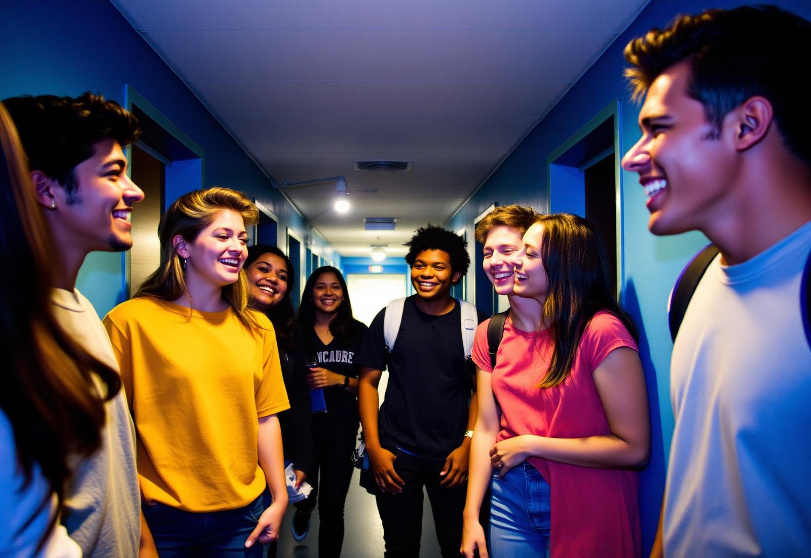 A group of students laughing together in a dorm hallway