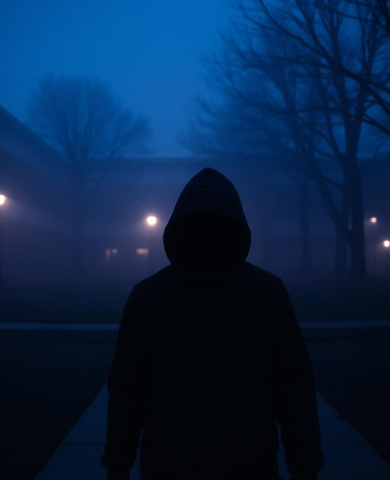 Silhouette of a student in a hoodie walking through misty campus at twilight