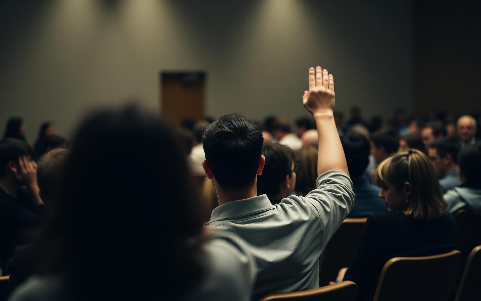A student raising their hand in a crowded lecture hall