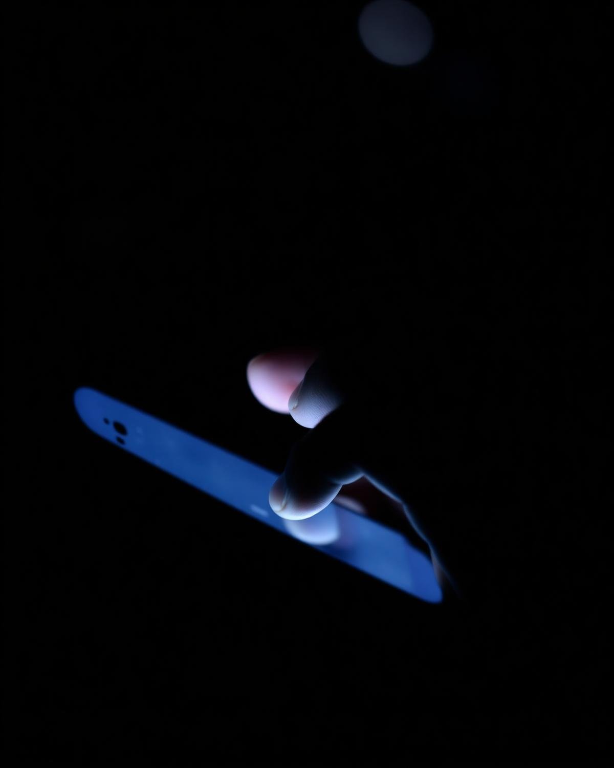 Fingers touching a glowing phone screen in the dark